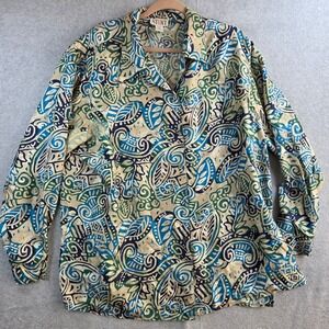 Stunt Silk Blouse Women 2X Blue Green Abstract Paisley Print Vintage Long Sleeve